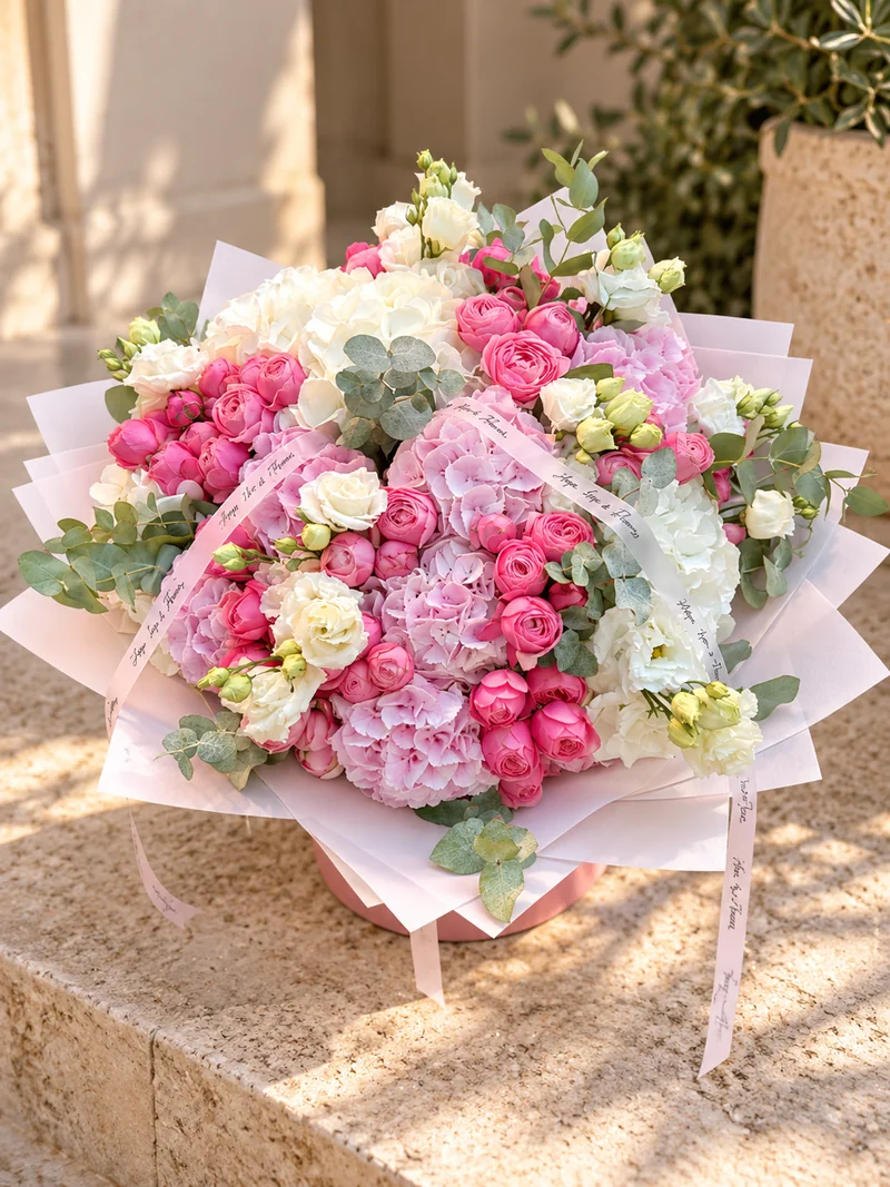 Букет Pink Blossom із рожевих троянд, гортензій і білих квітів у блідо-рожевому пакуванні