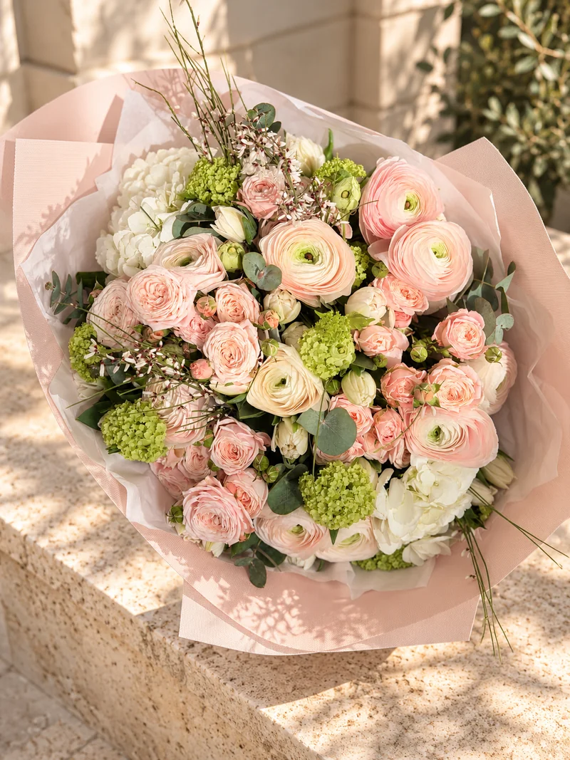 Букет Blush Garden із ніжно-рожевих ранункулюсів, рожевих троянд і білих квітів із зеленими акцентами в рожевому пакуванні