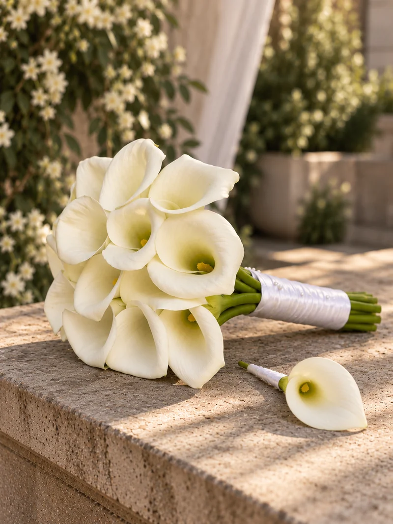 Букет нареченої Ivory Elegance з білих калл, перев’язаний атласною стрічкою, з відповідною бутоньєркою поруч