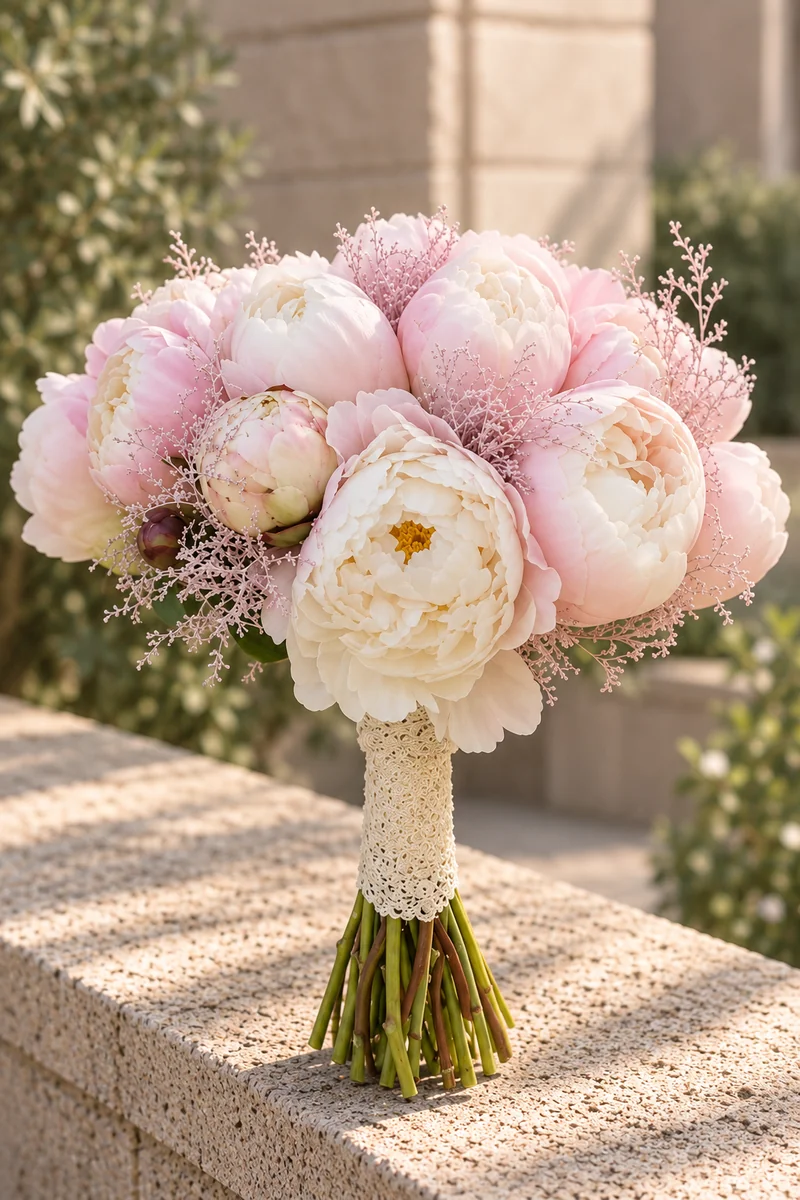 Букет Peony Dream з великих ніжно-рожевих і кремових півоній із ручкою, обгорнутою мереживом
